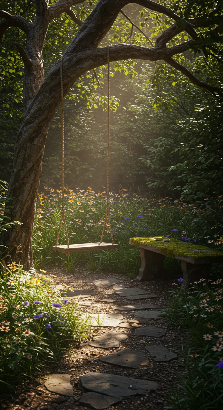 Eenvoudige houten plankenschommel aan boom in een bloemenweide met zonlicht.