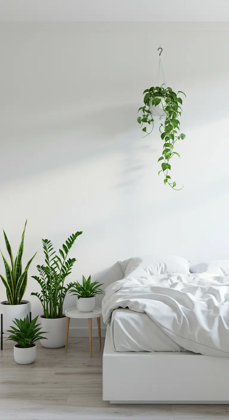 Witte, minimalistische slaapkamer met Sansevieria's, Zamioculcas en een hangende Pothos.