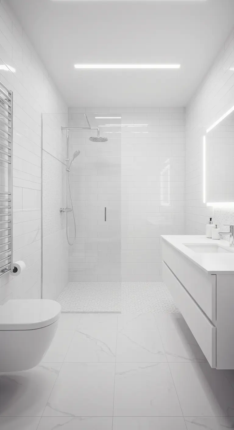 Heldere witte badkamer met inloopdouche, witte metrotegels en strakke lichtlijnen.