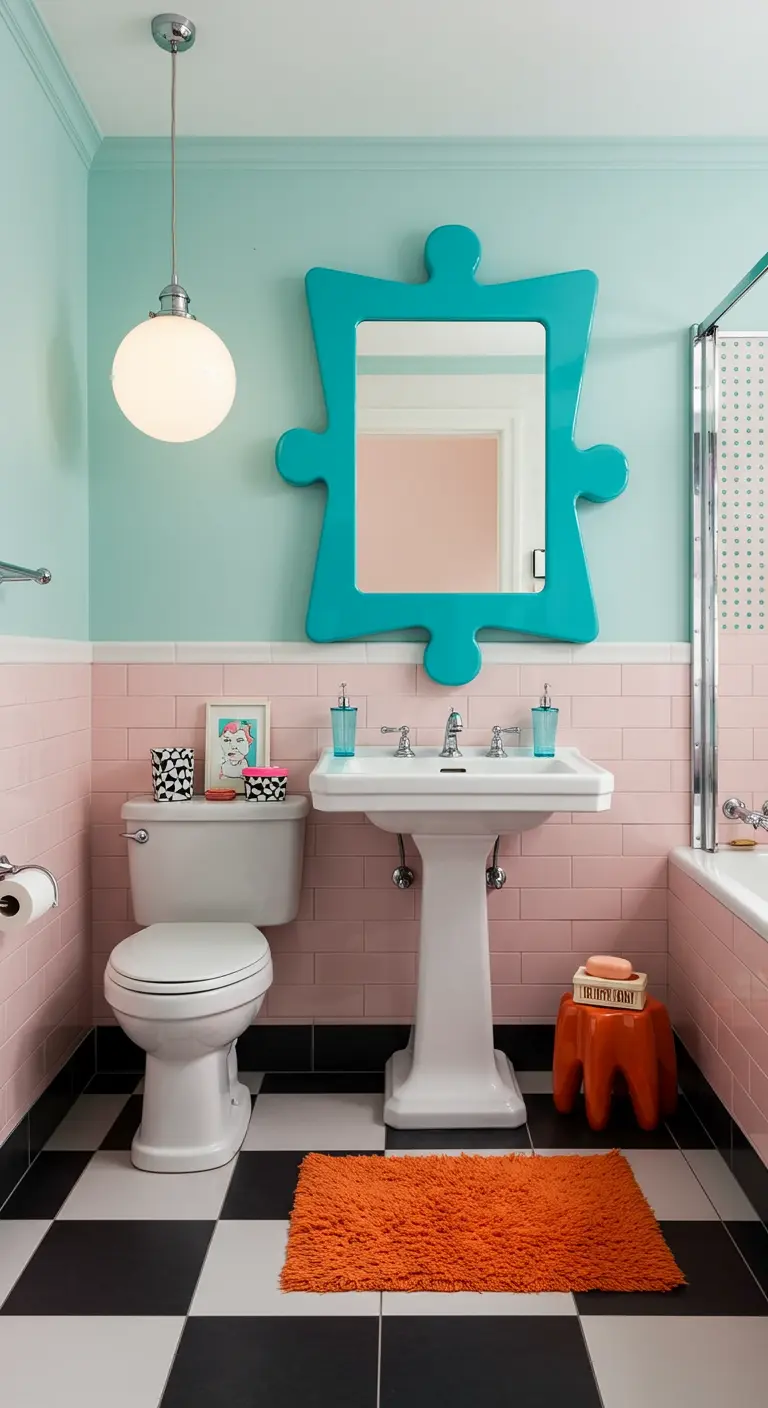 Kleurrijke badkamer met een spiegel in de vorm van een blauw puzzelstuk.