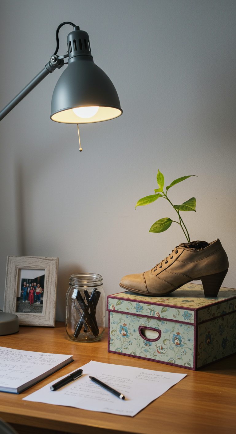 Bureau met een plantje dat groeit uit een oude, beige damesschoen.