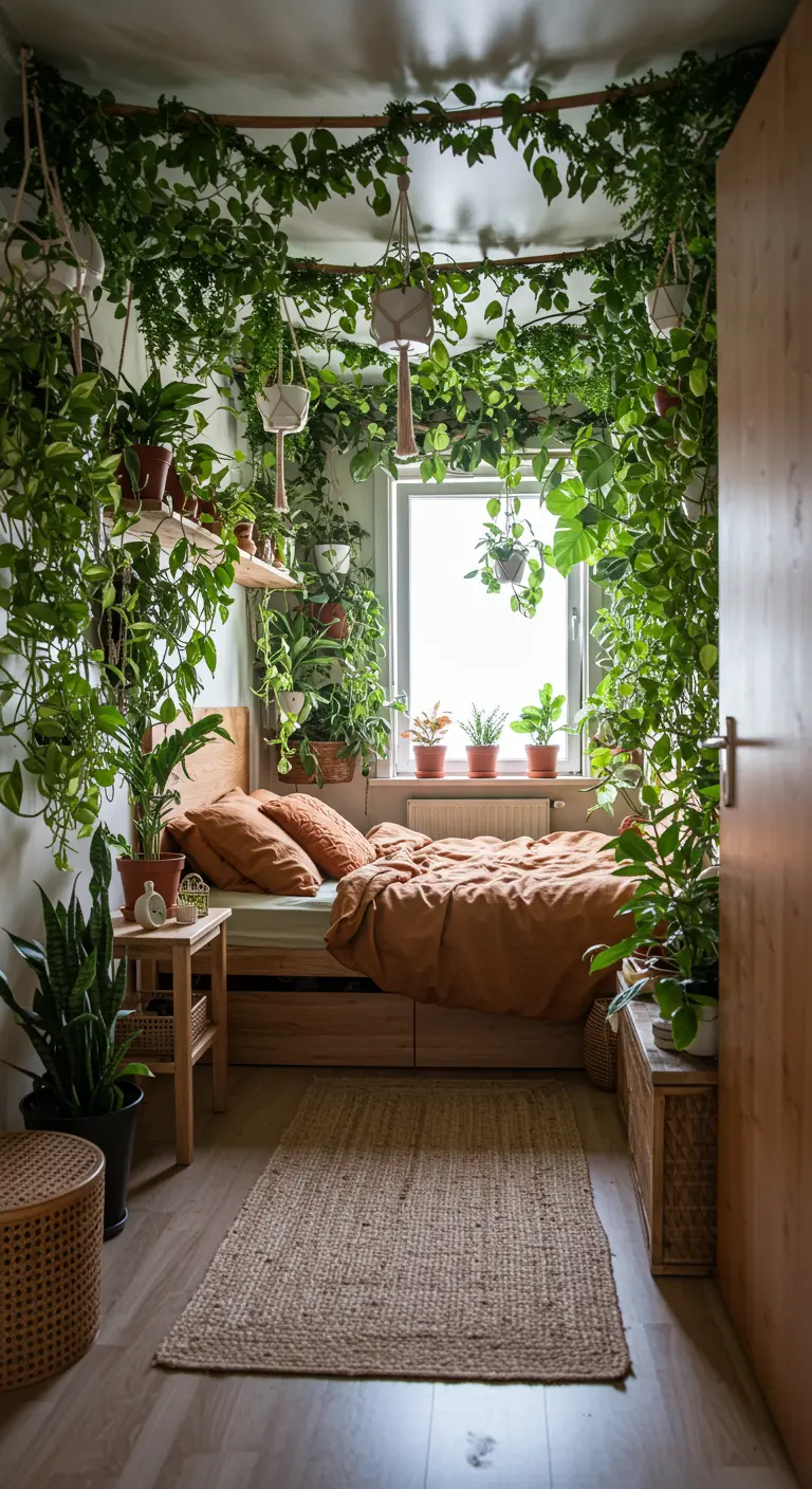 Kleine slaapkamer vol planten rondom het raam, met terracotta beddengoed en een jute kleed.