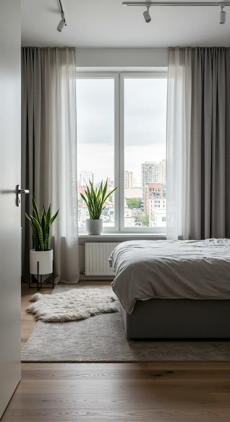 Lichte slaapkamer met groot raam, lichte gordijnen, planten en neutraal beddengoed.
