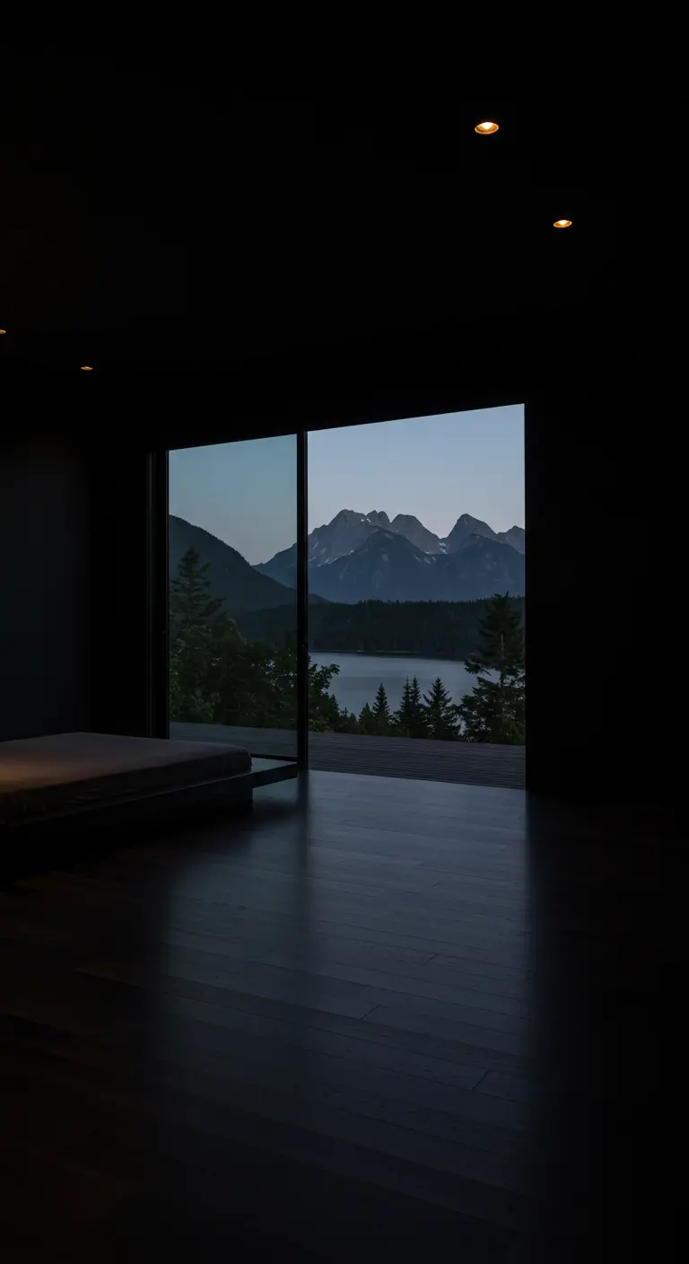 Donkere slaapkamer met een minimalistisch bed en een groot raam met uitzicht op bergen en een meer.