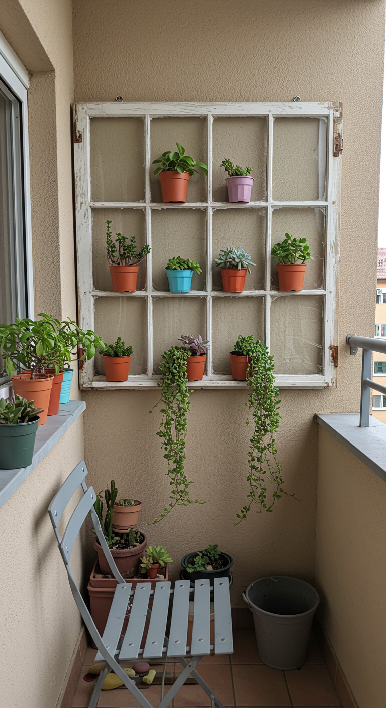 Oud wit raamkozijn aan de muur gebruikt als rek voor kleine plantenpotjes.