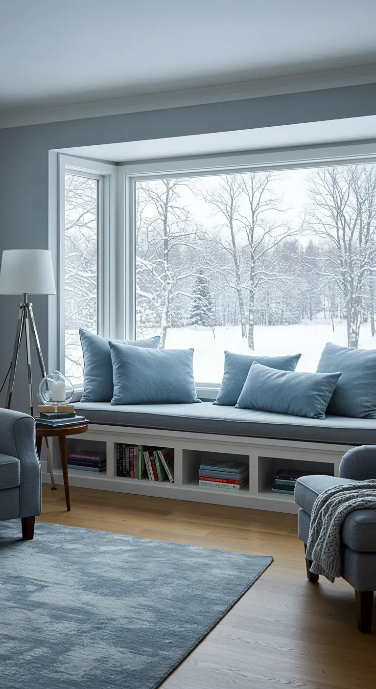 Brede vensterbank met blauwe kussens als zitplek, met uitzicht op een besneeuwd landschap.