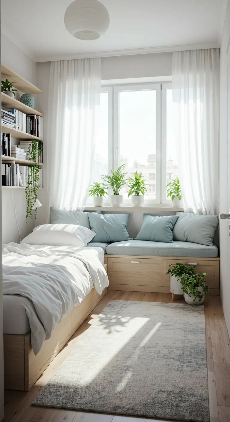 Lichte logeerkamer met bed en zitbank bij groot raam, veel planten.