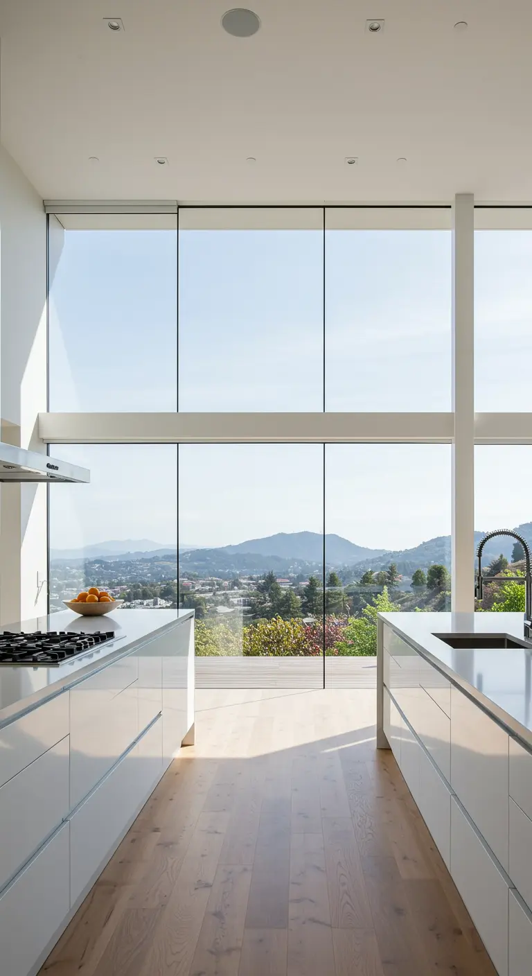 Moderne witte keuken met kamerhoog raam dat een panoramisch uitzicht biedt.