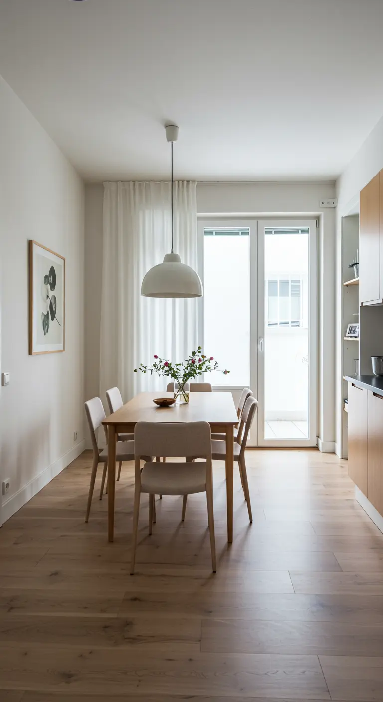 Lange houten eettafel met lichte stoelen voor een groot raam in smalle ruimte.
