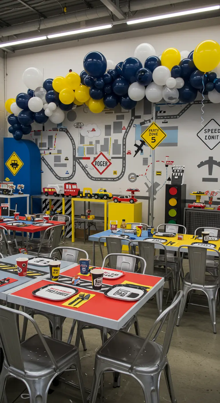 Kinderverjaardag met transport thema, auto's en verkeersborden.