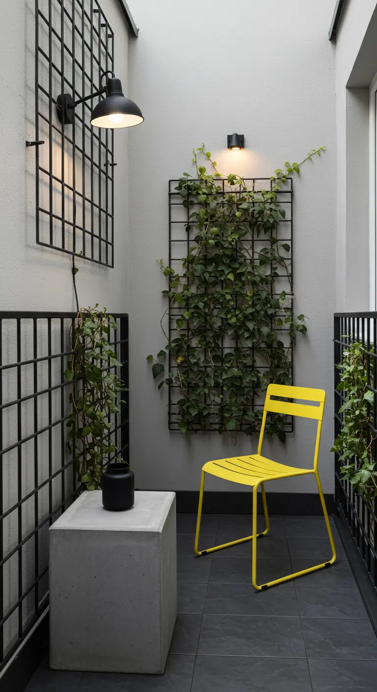 Industrieel balkon met zwart metalen rasters voor planten en een felgele metalen stoel.