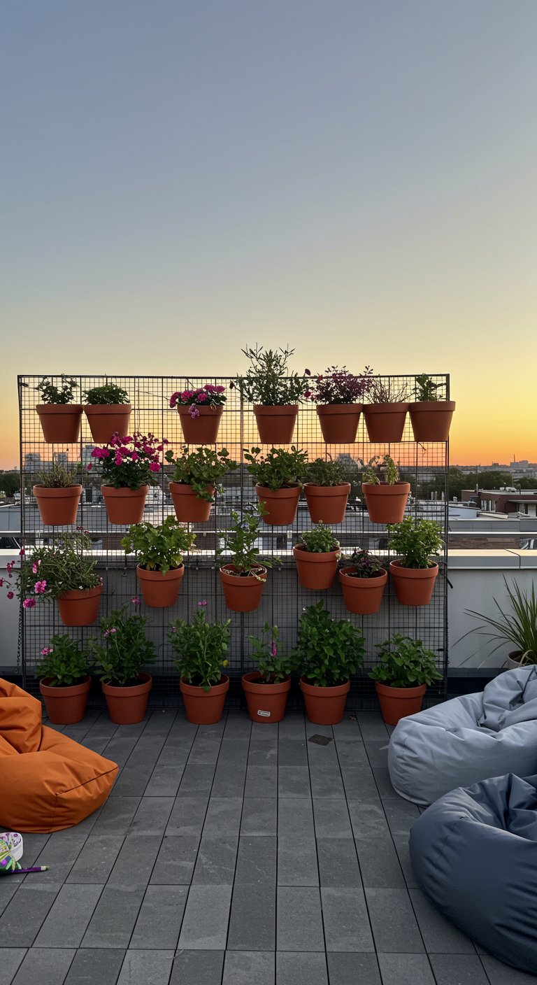Groot metalen raster als plantenwand vol terracotta potten op een dakterras.