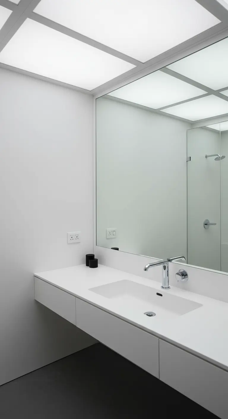 Minimalistische witte badkamer met een plafond dat volledig bestaat uit een verlicht raster van panelen.