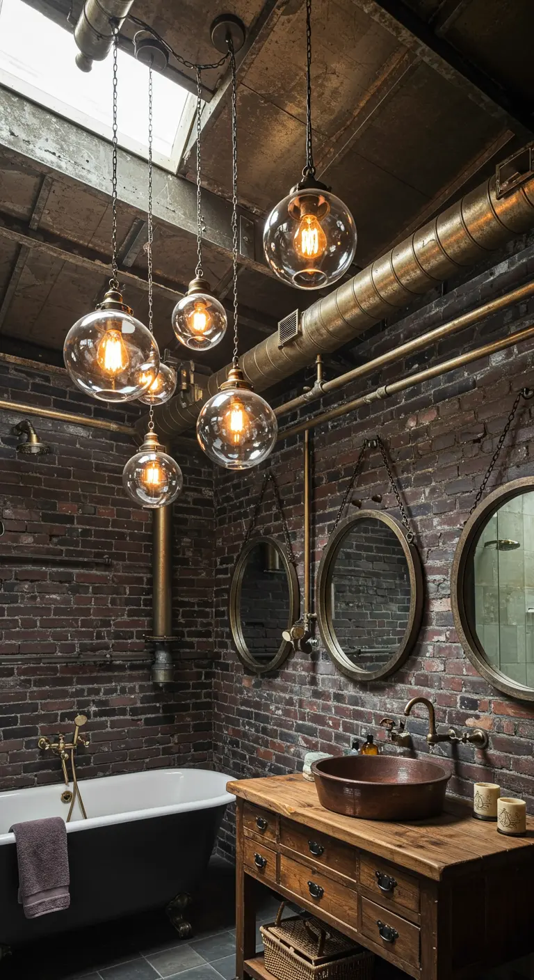 Industriële badkamer met bakstenen muren, zichtbare leidingen en meerdere glazen globe hanglampen.