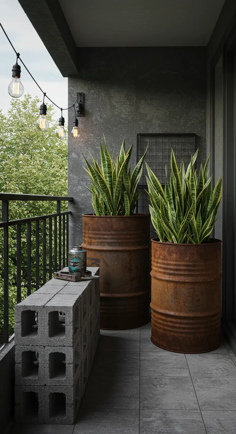 Industrieel balkon met roestige metalen vaten als plantenbakken en betonnen bankje.