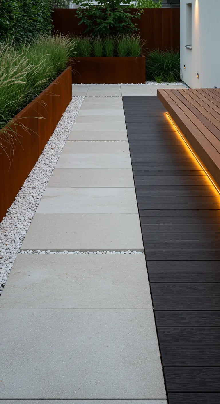 Modern tuinpad met cortenstaal, wit grind, grijze tegels en verlichte houten vlonder.