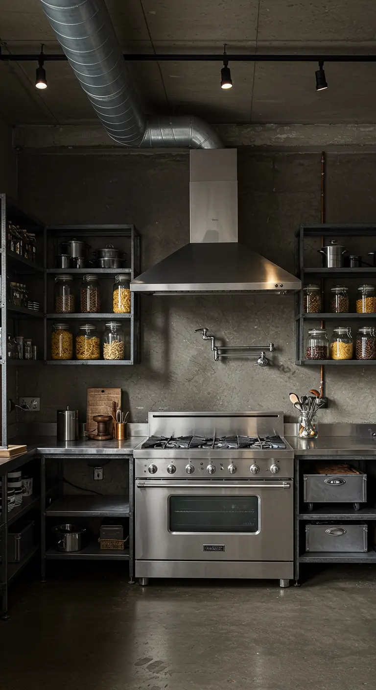 Industriële keuken met RVS fornuis, betonnen muren en metalen stellingkasten.