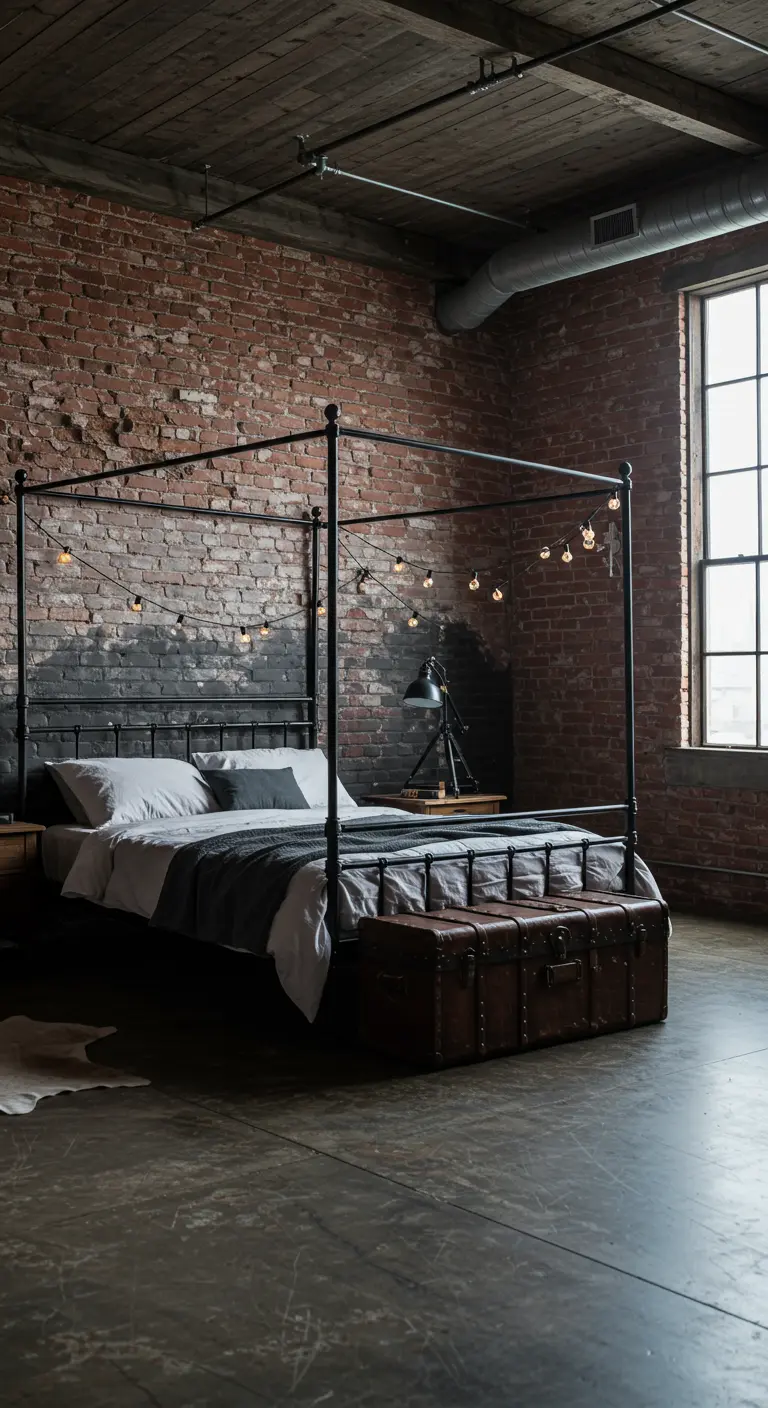 Industriële slaapkamer met bakstenen muur en grijs kleurverloop accent.