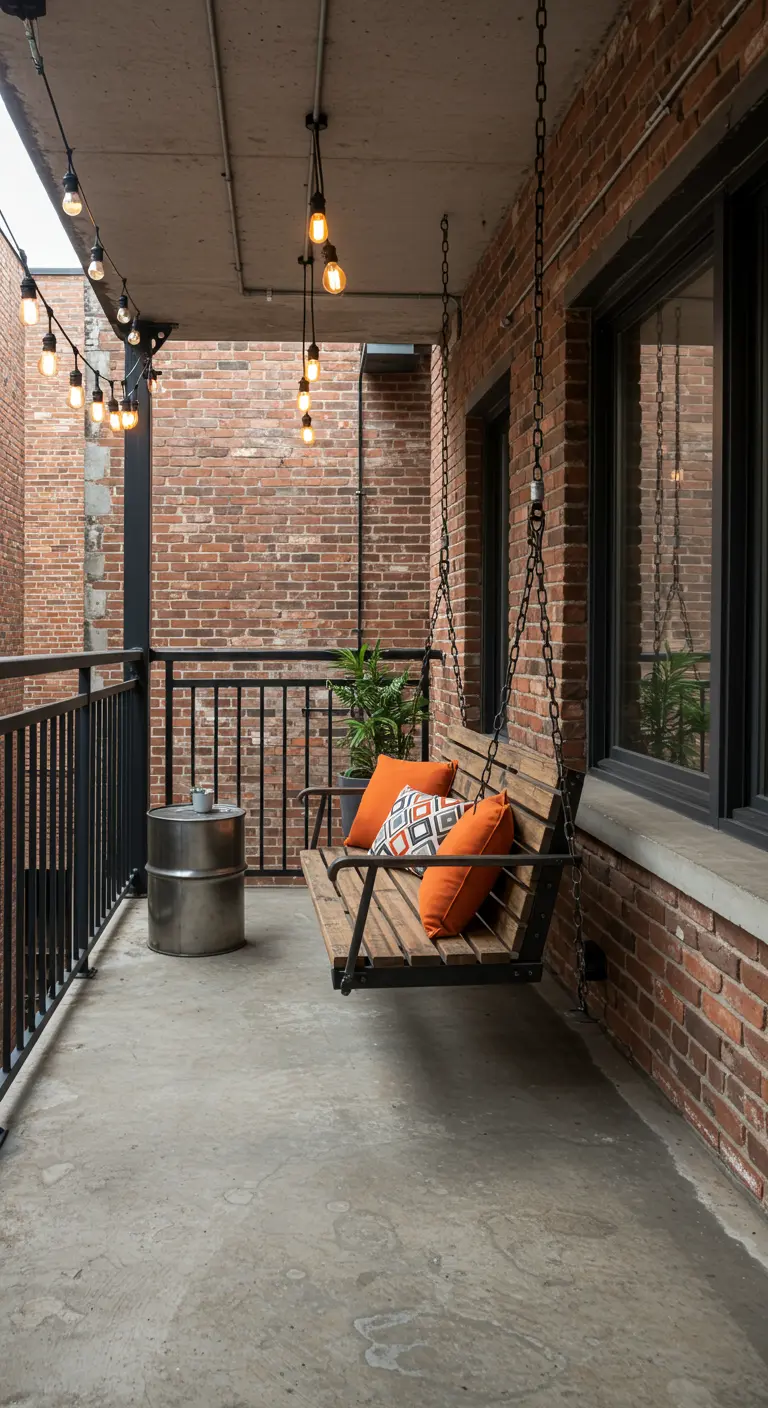 Houten schommelbank met zware kettingen op een stenen balkon met bakstenen muur en lichtjes.