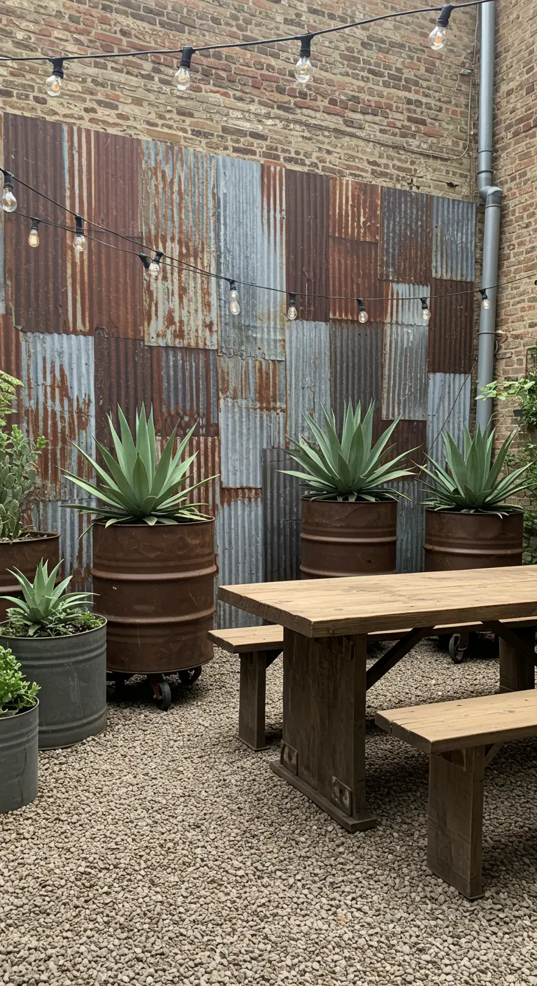 Tuinmuur met verroest golfplaat buitenbehang, grote agaven in roestige vaten en houten tafel.