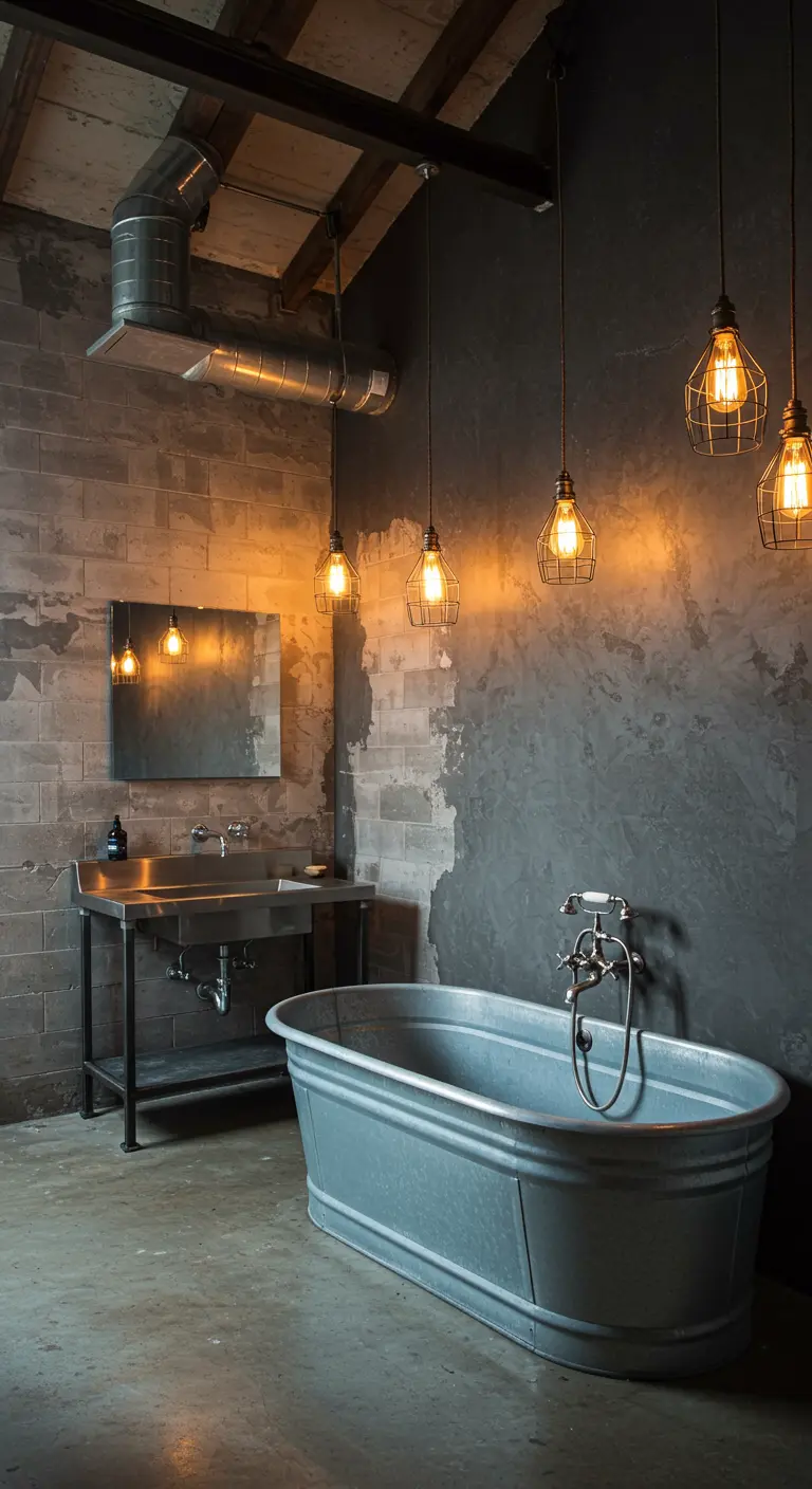 Industriële badkamer met metalen bad, zichtbare leidingen en bakstenen muur.