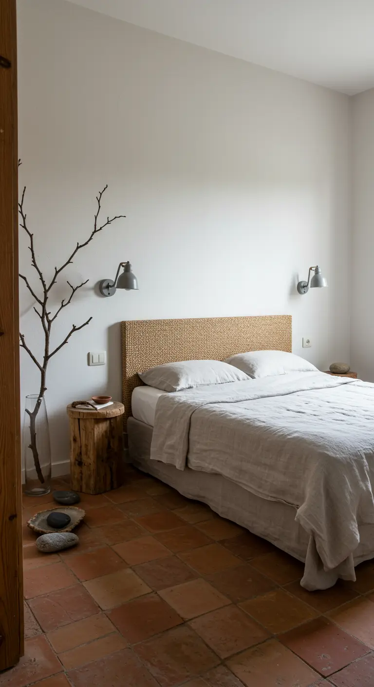 Minimalistische slaapkamer met houten boomstronk als nachtkastje en decoratieve tak.