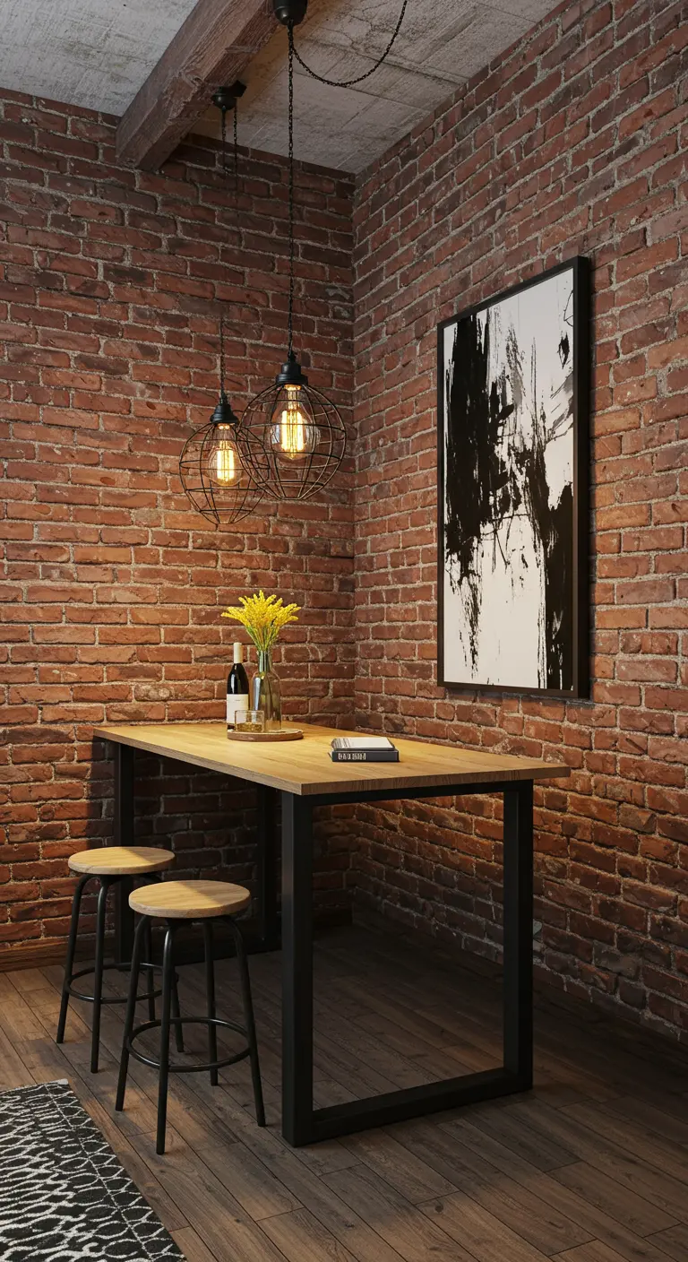 Compacte industriële eethoek met bakstenen muur, houten tafel, metalen krukken en industriële hanglampen.