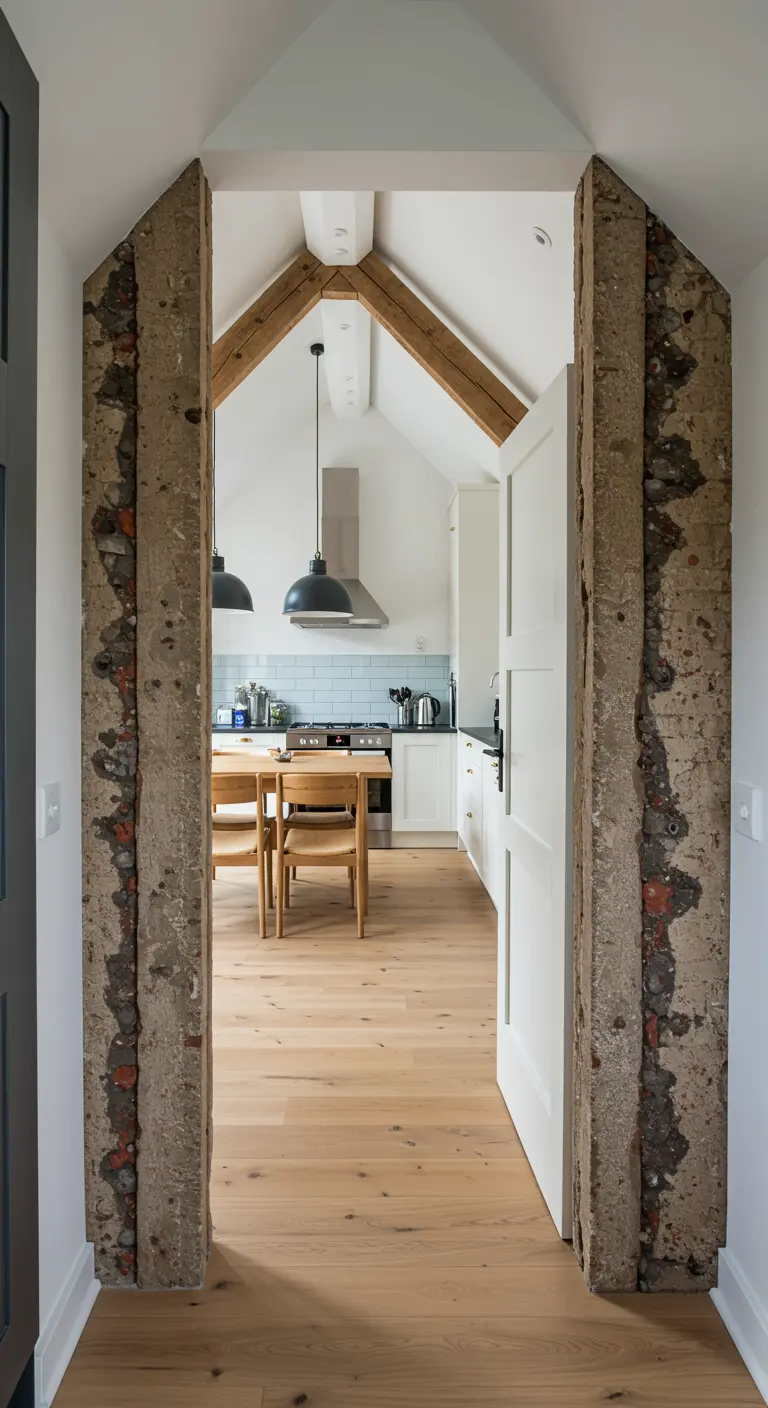 Ruwe, onafgewerkte betonnen deuropening als stoere doorgang naar een lichte keuken.