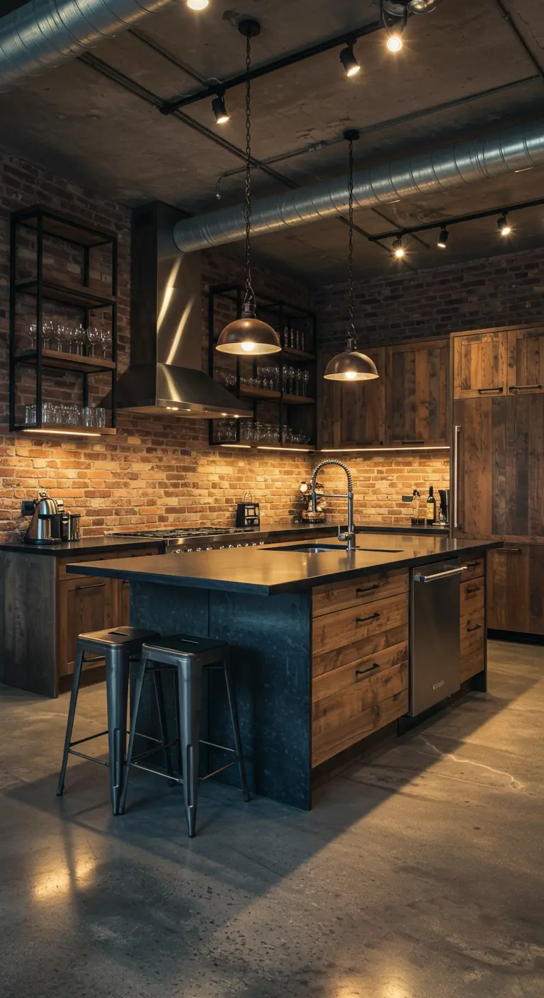 Industriële keuken met houten kasten, donkergrijs natuurstenen eilandblad en bakstenen muur.