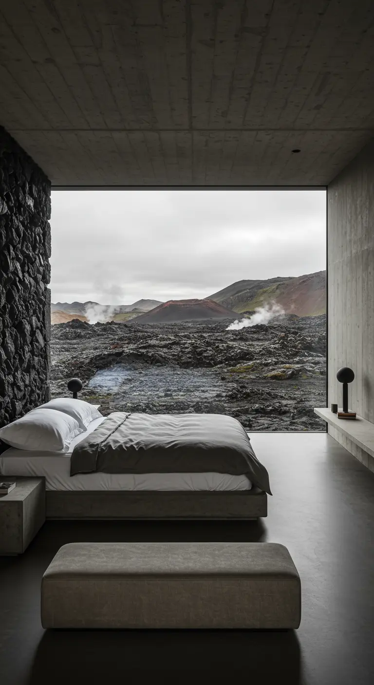 Moderne slaapkamer met uitzicht op een ruw, vulkanisch landschap.