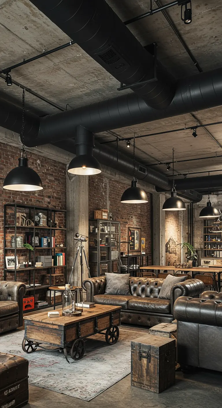 Industriële loft met zichtbare zwarte leidingen en betonnen plafond.