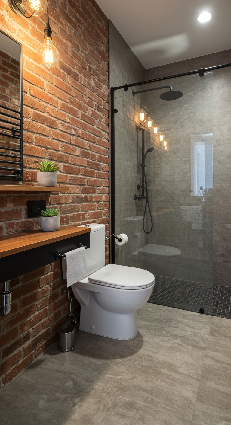Industriële badkamer met bakstenen muur, open peertjes en glazen douchewand.