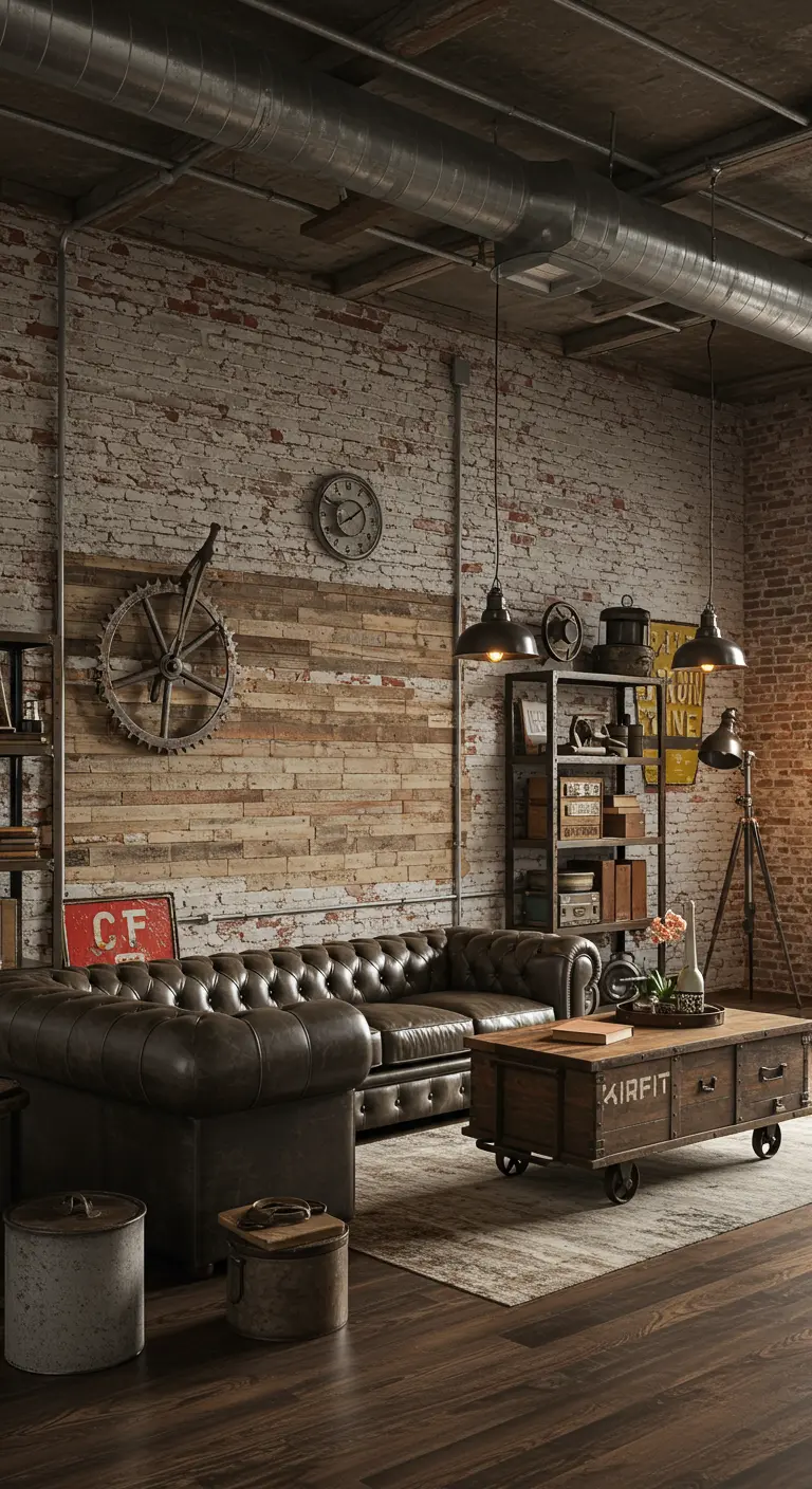 Industriële woonkamer met bakstenen muur, houten panelen en leren Chesterfield bank.