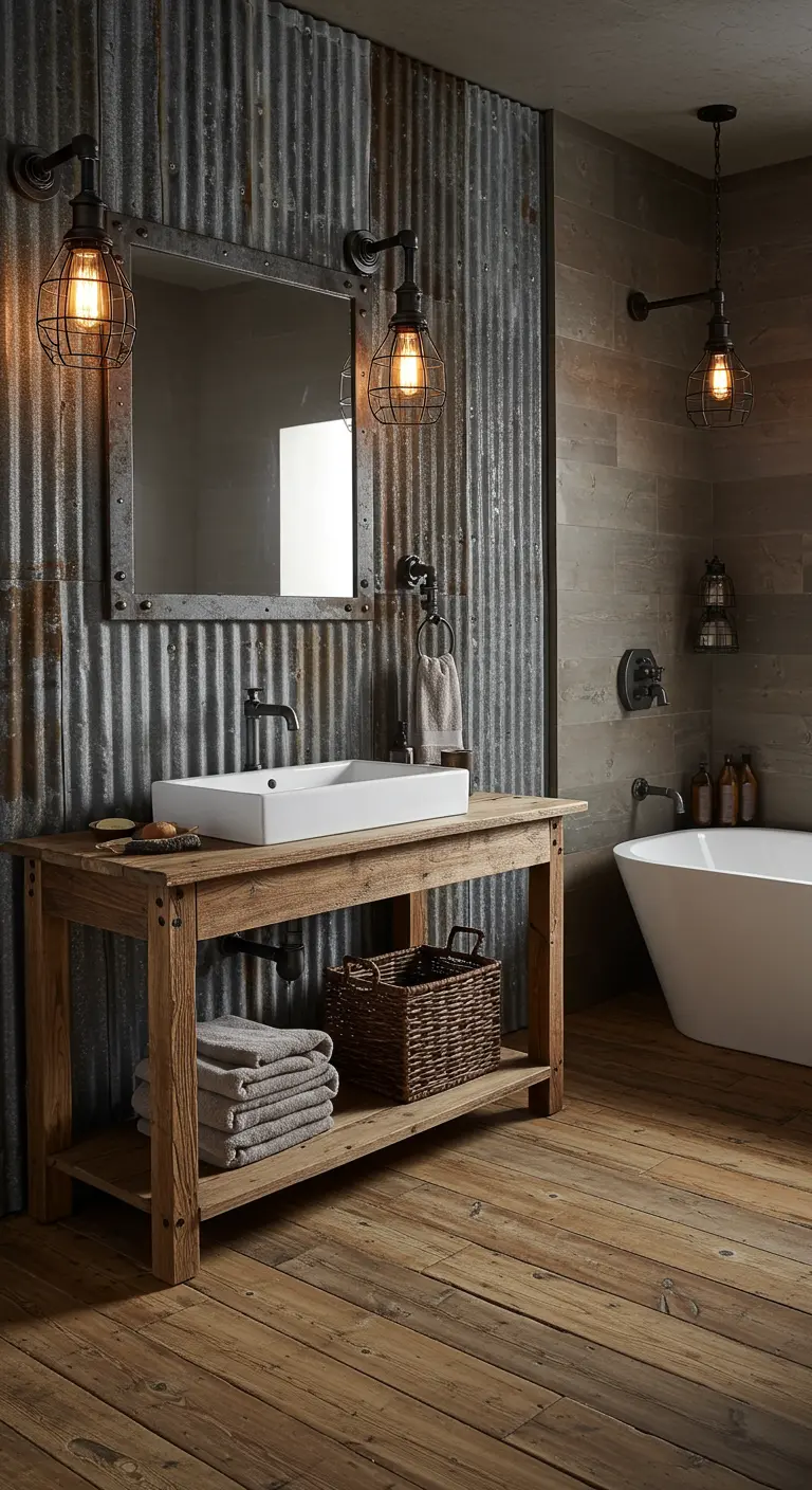 Industriële badkamer met golfplaten wand, houten meubel en houten vloer.