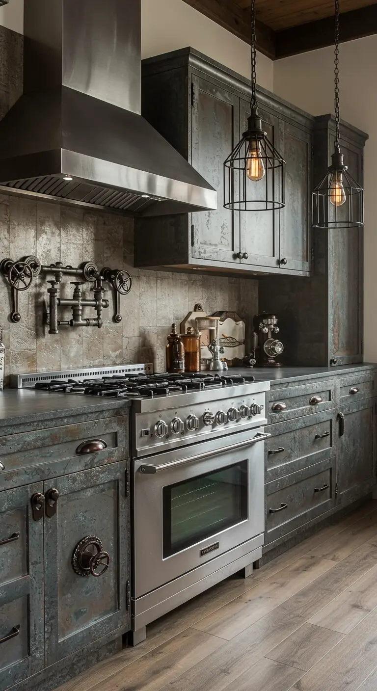 Industriële keuken met verweerde metalen kasten en diverse stoere metalen grepen.