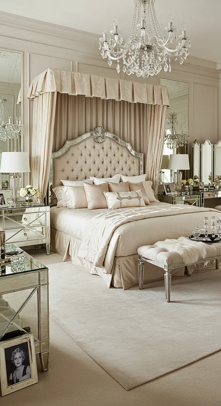 Luxe slaapkamer in Hollywood glamour stijl met champagnekleurig bed en spiegelende meubels.