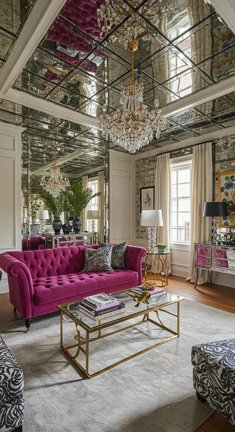 Woonkamer met een plafond volledig bedekt met spiegeltegels en een kristallen kroonluchter.