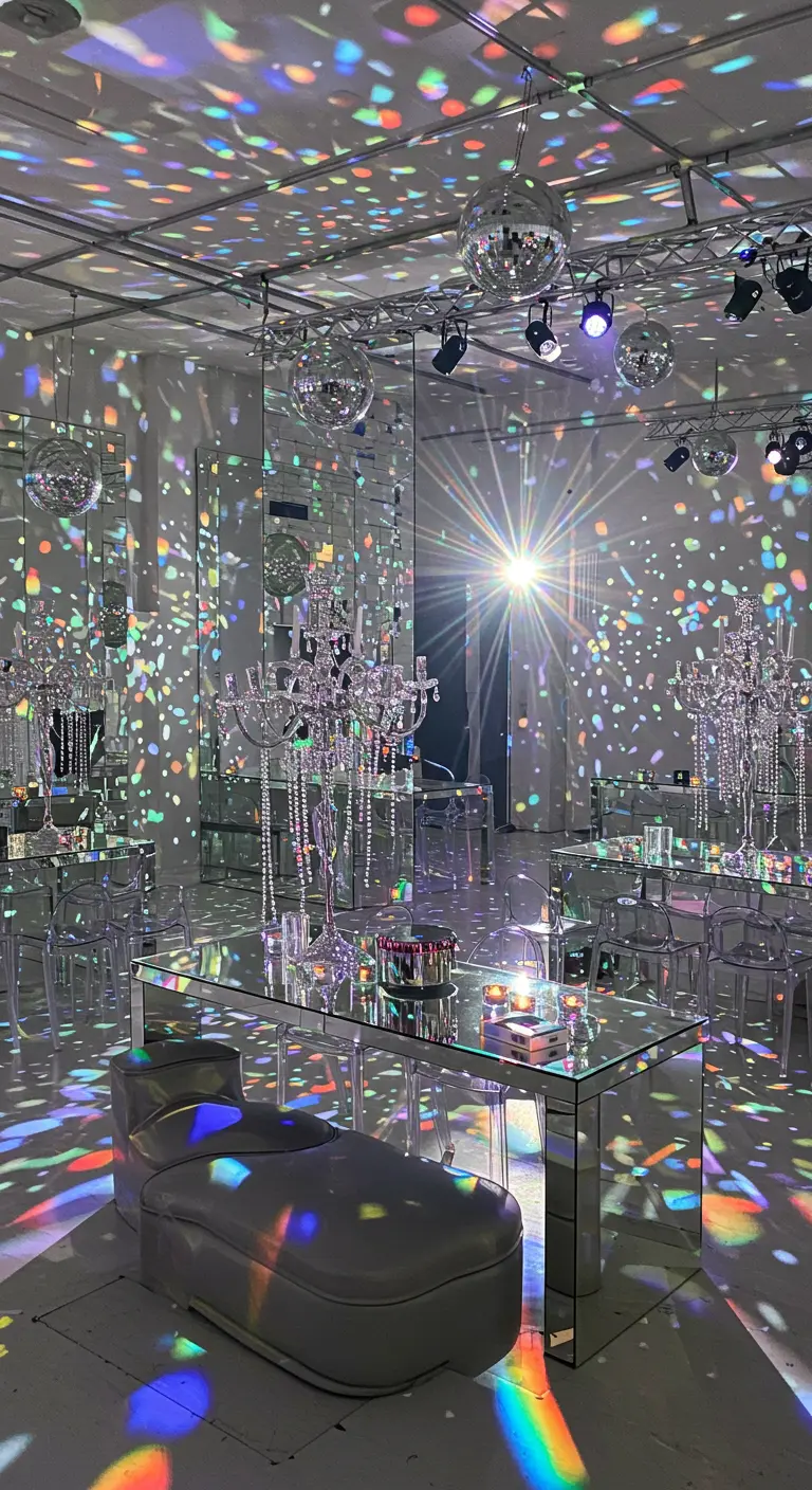 Feestruimte met spiegelende tafels, discoballen en kleurrijke lichtreflecties.
