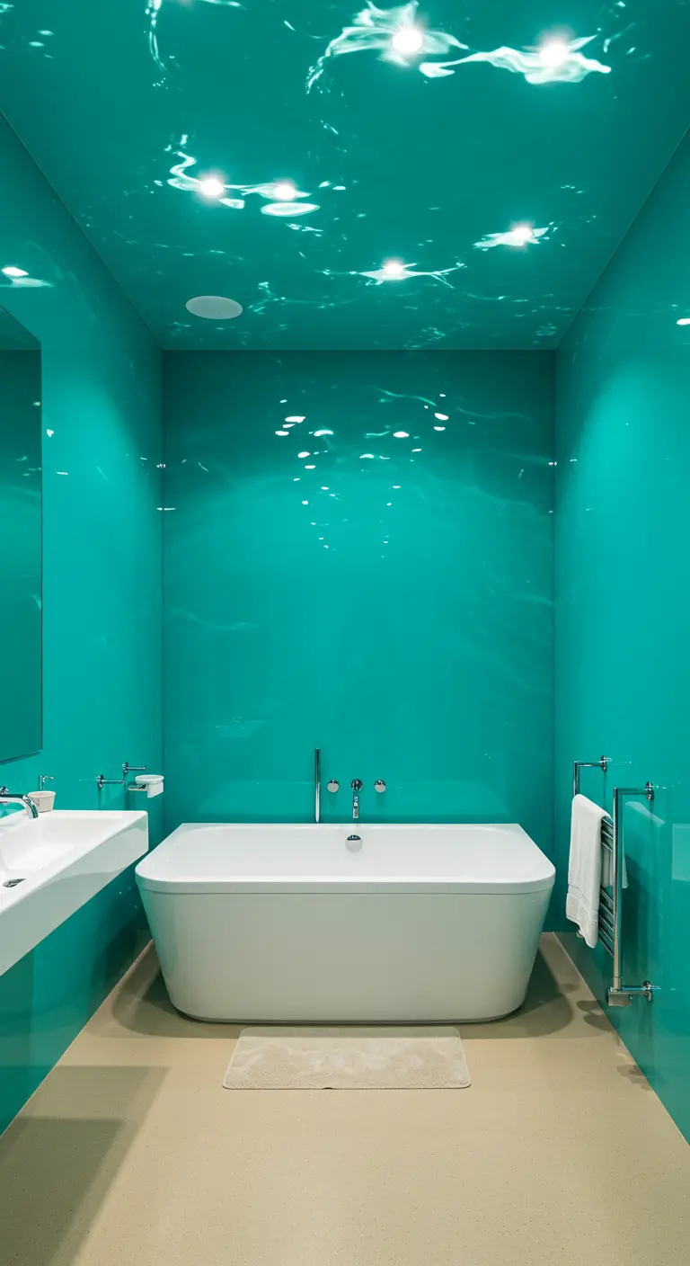 Moderne badkamer met hoogglans turkoois muren en plafond, wit bad en minimalistische wastafel.