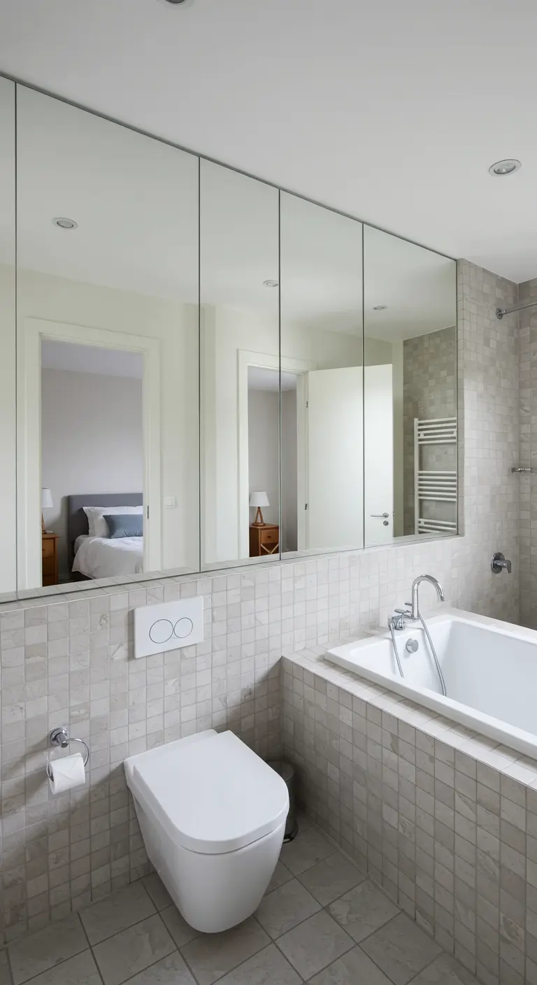 Badkamer met spiegelkasten over de gehele wandbreedte, ook boven toilet.