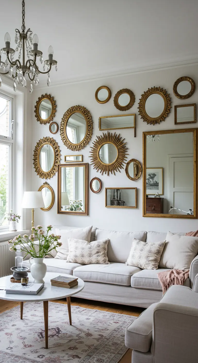 Witte woonkamer met vintage spiegels met gouden lijsten aan de muur.