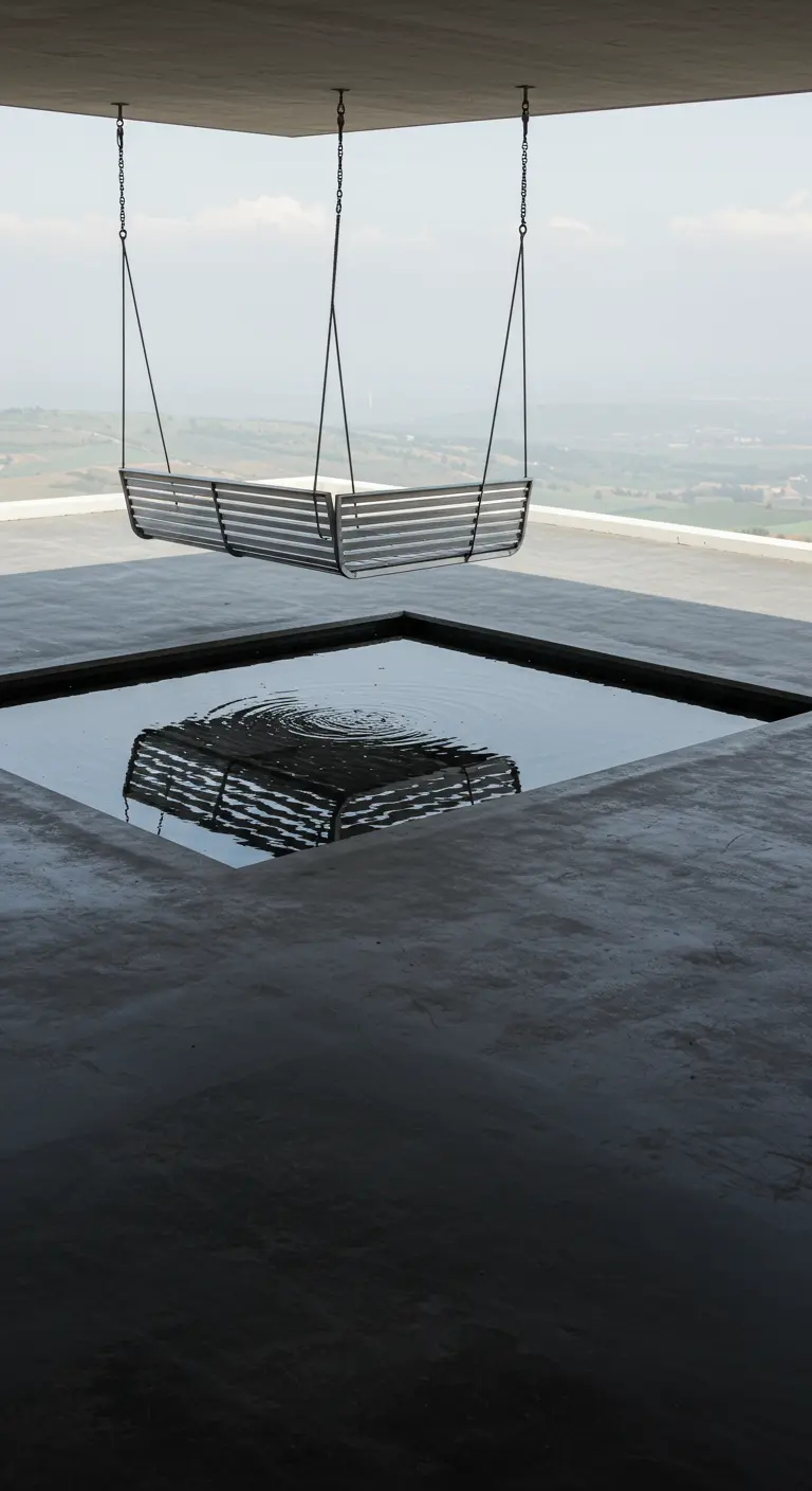Minimalistische metalen schommelbank hangend boven een reflecterend wateroppervlak.