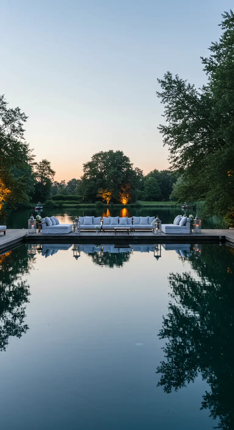 Luxe loungeopstelling aan een zwembad met lantaarns en uitzicht op water en bomen bij schemering.