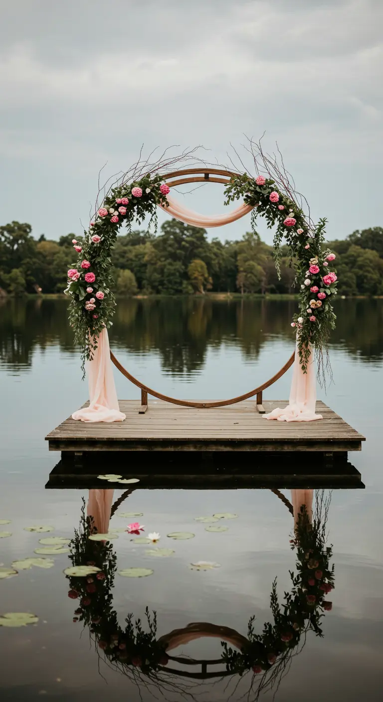 Ronde houten trouwboog met roze bloemen en doek op een vlonder boven het water.