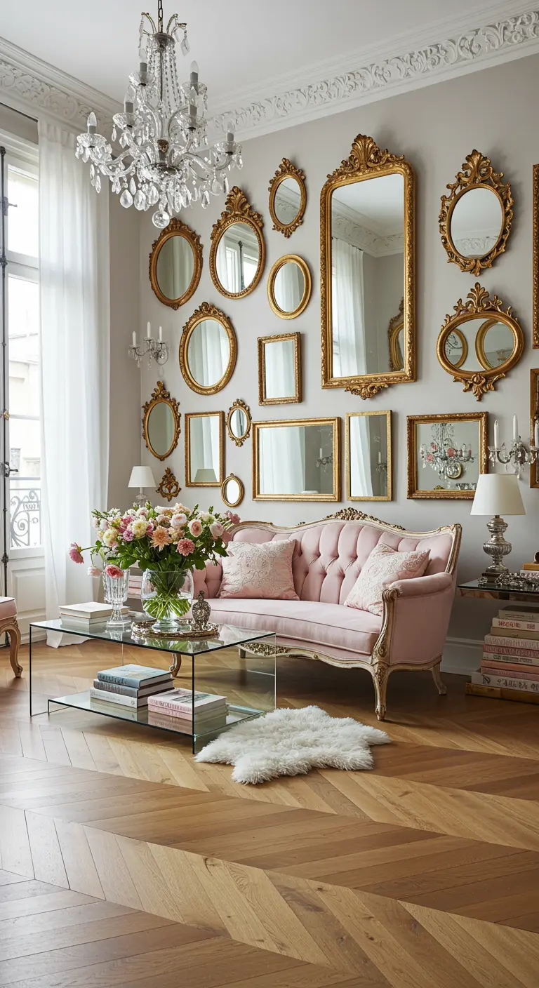 Chique woonkamer met een muur vol diverse spiegels in gouden lijsten boven een roze bank.