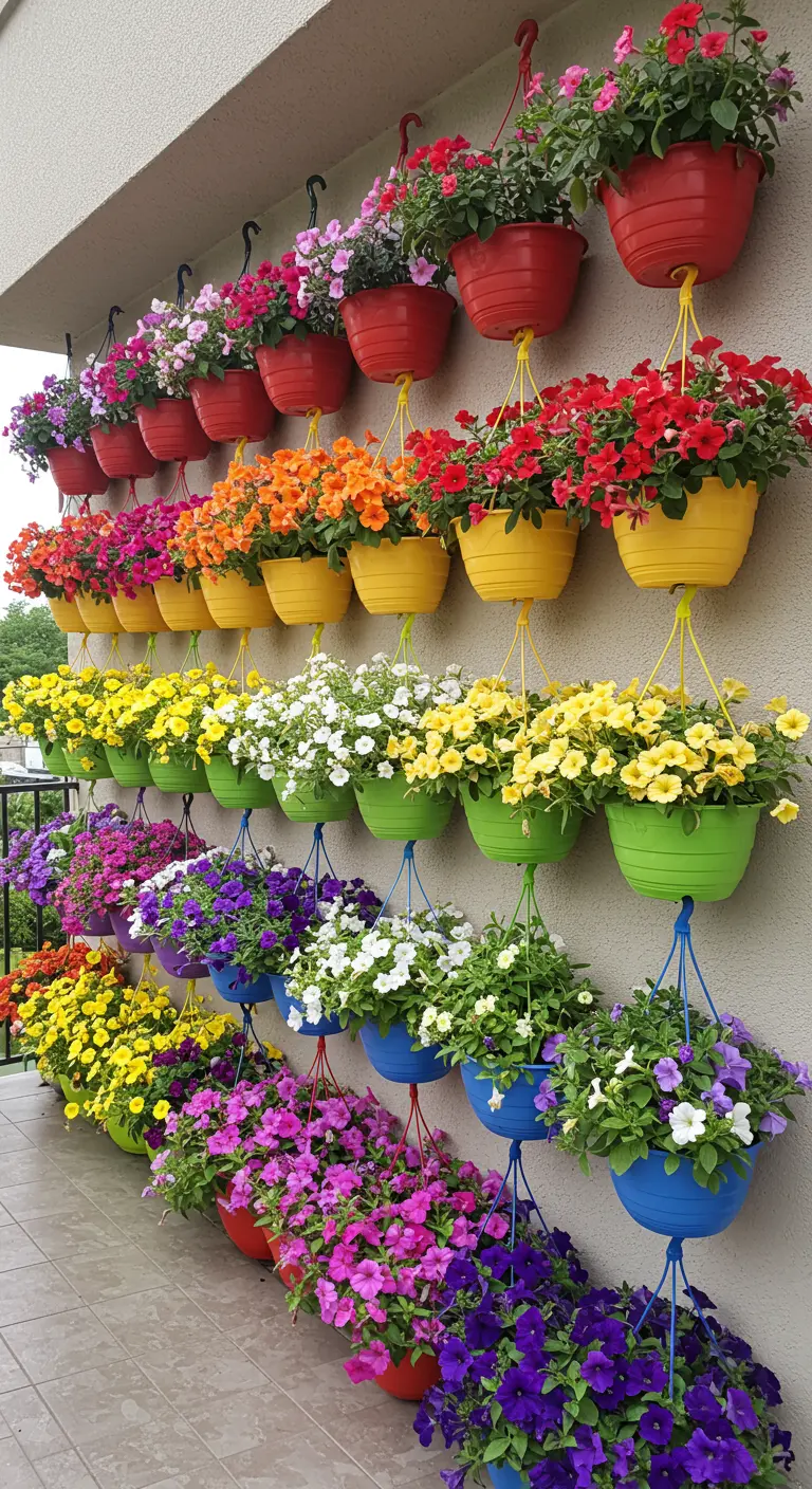 Muur vol met rijen felgekleurde hangpotten met bloemen in regenboogvolgorde.