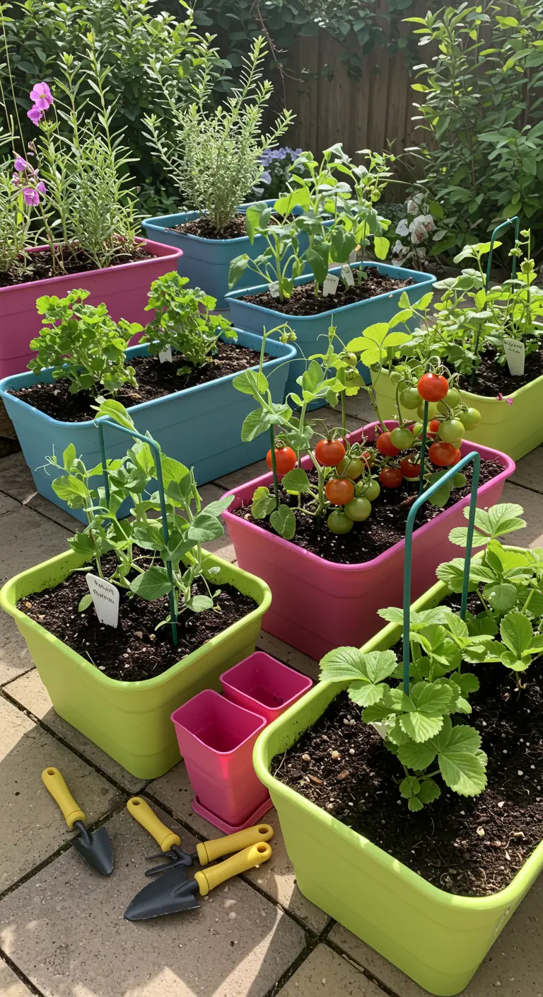 Verzameling felgekleurde vierkante plantenbakken met tomaten, erwten en aardbeien.