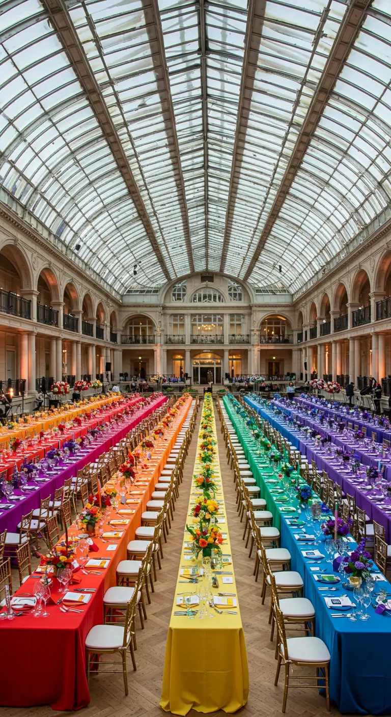 Grote zaal met lange rijen tafels, elk gedekt in een andere kleur van de regenboog