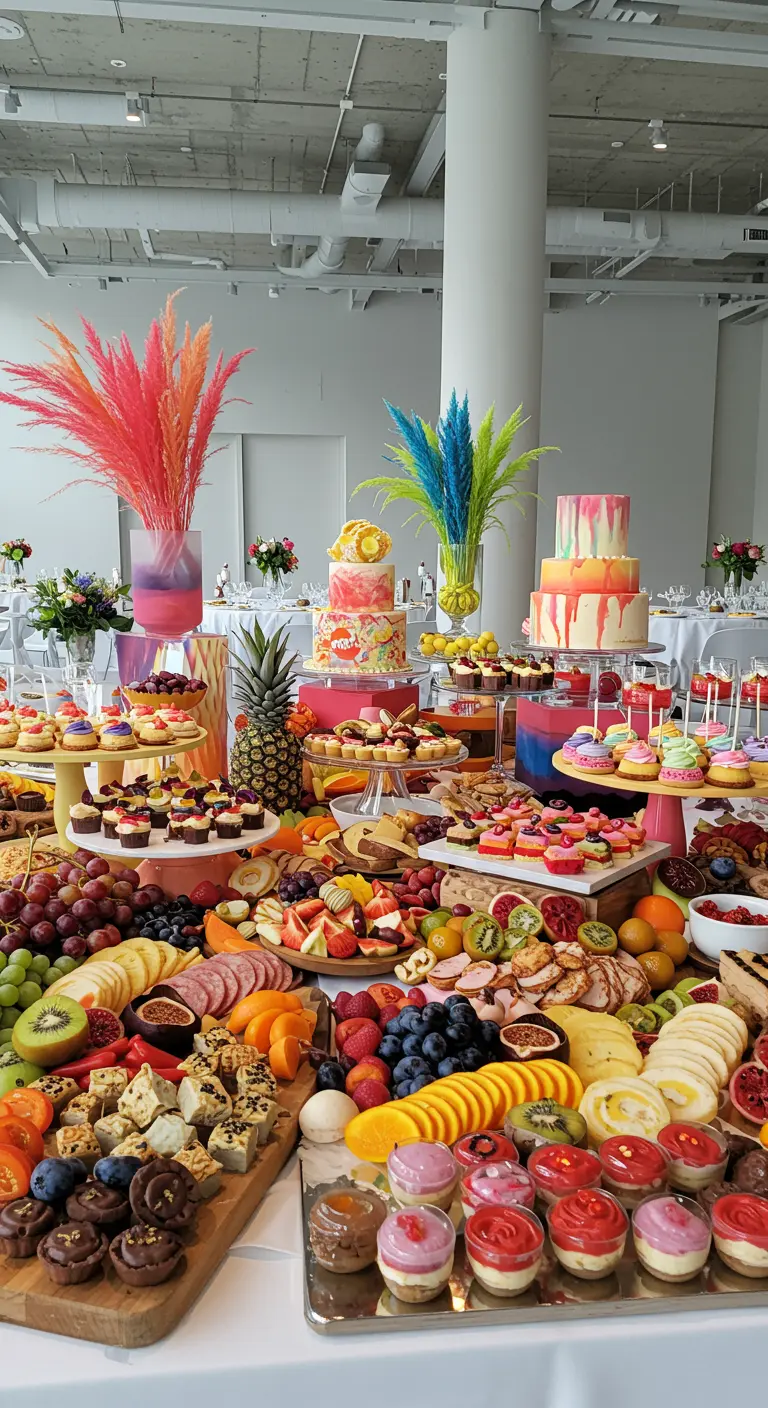 Uitgebreide desserttafel met kleurrijke taarten, cupcakes, fruit en pampasgras