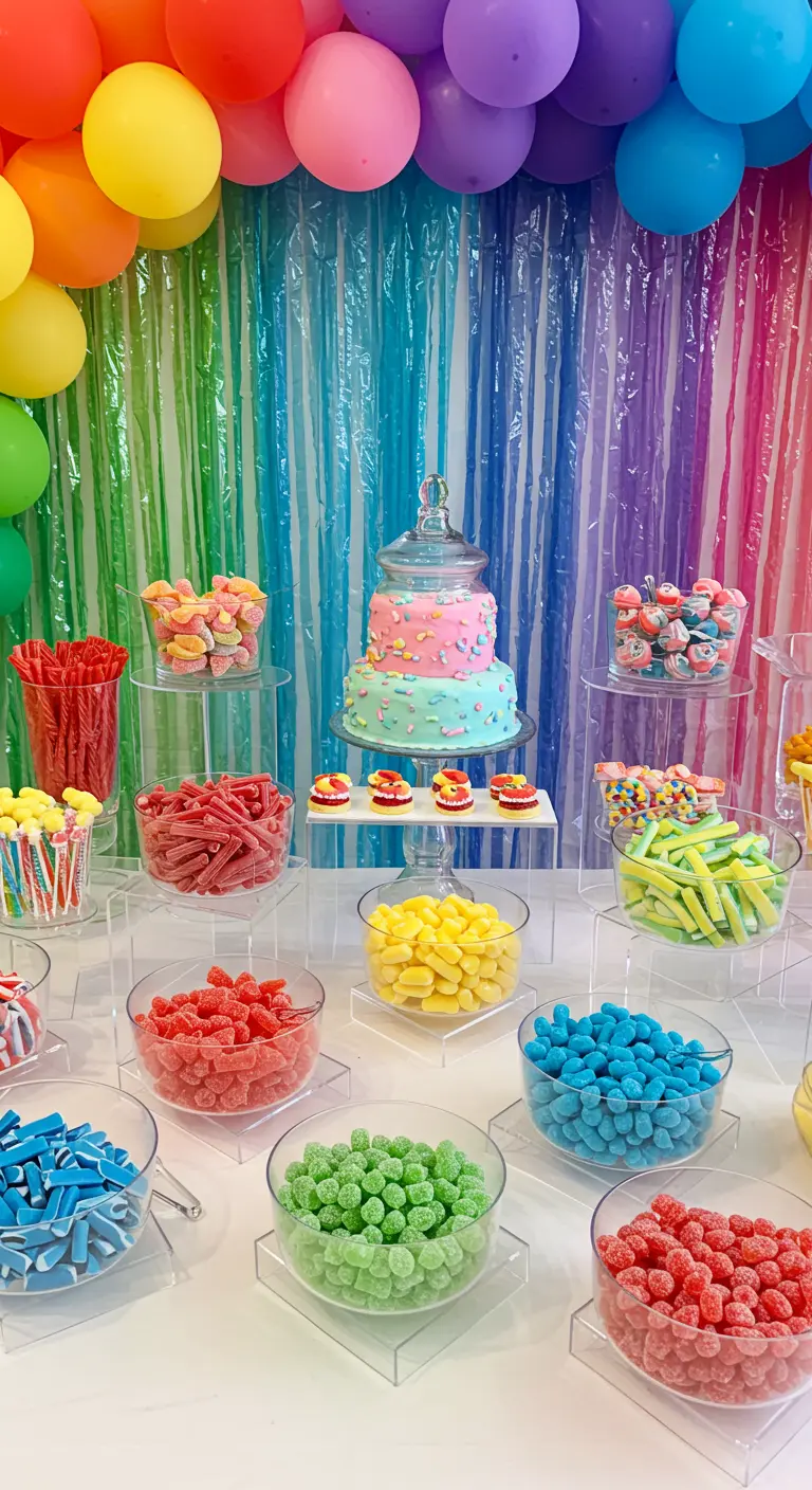 Regenboog candy bar met snoep gesorteerd op kleur, kleurrijke taart en ballonnen.